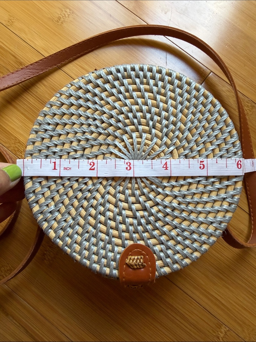 Round Woven Crossbody Bag Leather Trim - Light Blue *From Bali*